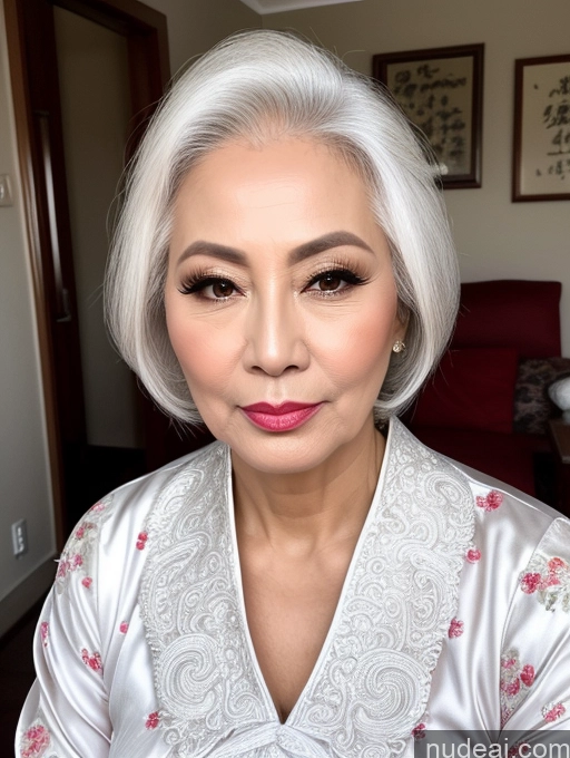 ai nude image of arafed woman with white hair and a white robe posing for a picture pics of Milf Beautiful Pouting Lips Sexy Face Chinese Traditional 50s Long Hair White Hair