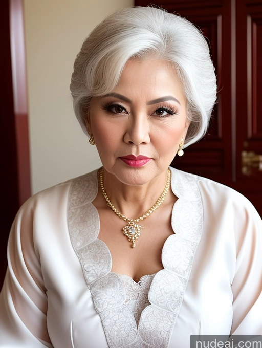 ai nude image of there is a woman with a white shirt and a necklace pics of Milf Beautiful Pouting Lips Sexy Face Chinese Traditional Long Hair White Hair 60s