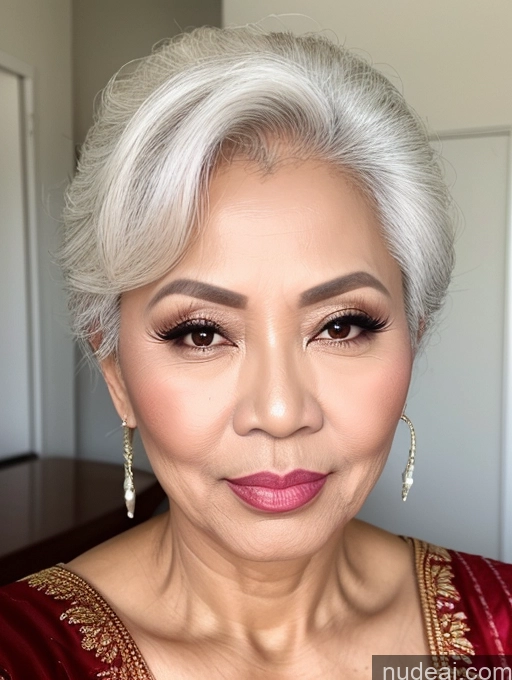 ai nude image of arafed woman with white hair and a red blouse posing for a picture pics of Milf Beautiful Pouting Lips Sexy Face Traditional White Hair 60s Hair Bun Filipina