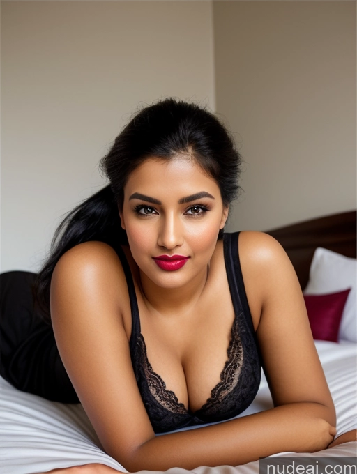 ai nude image of there is a woman laying on a bed with a black bra pics of Perfect Boobs Beautiful Lipstick Big Ass Chubby Long Legs Perfect Body 30s Happy Seductive Sexy Face Pouting Lips Black Hair Ponytail Indian Traditional Simple Alternative Dark Lighting One Nightgown Shirt Bedroom On Back Model