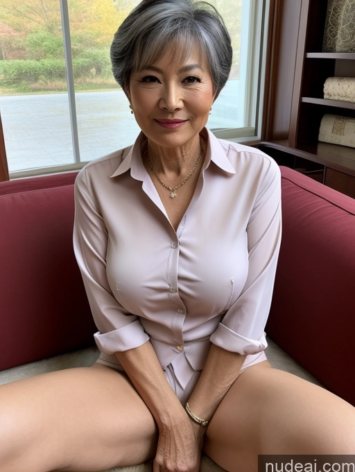 ai nude image of arafed asian woman sitting on a couch with a pink shirt pics of Milf Perfect Boobs Perfect Body Pubic Hair Pixie Chinese Spreading Legs Nude Blouse Casual Professor Shirt Stylish Suit Detailed 70s