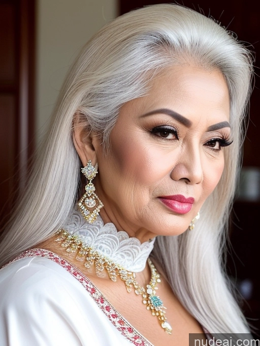 ai nude image of a close up of a woman with a necklace and earrings pics of Milf Beautiful Pouting Lips Sexy Face Traditional White Hair Long Hair 50s Malaysian