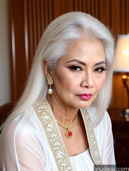 ai nude image of blond woman with white hair and red jewelry sitting in a room pics of Milf Beautiful Pouting Lips Sexy Face Traditional White Hair Long Hair 50s Malaysian