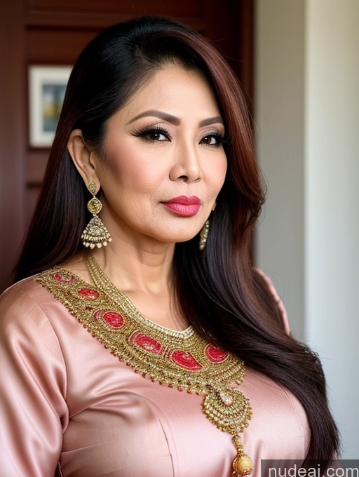 ai nude image of araffe woman in a pink dress with a gold necklace and earrings pics of Milf Beautiful Pouting Lips Sexy Face Traditional Long Hair 50s Malaysian