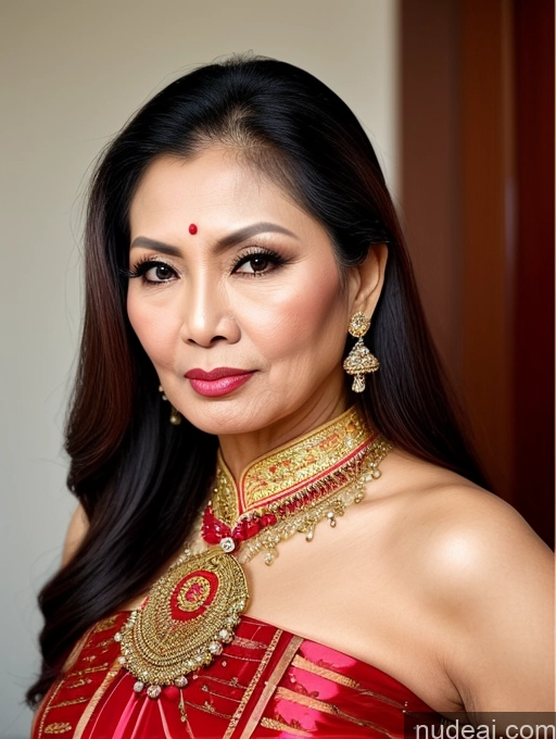 ai nude image of arafed woman in a red dress with a gold necklace and earrings pics of Milf Beautiful Pouting Lips Sexy Face Traditional Long Hair 50s Malaysian