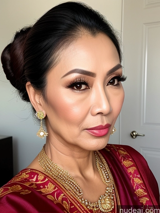 ai nude image of a close up of a woman wearing a red and gold outfit pics of Milf Beautiful Pouting Lips Sexy Face Traditional 50s Malaysian Hair Bun