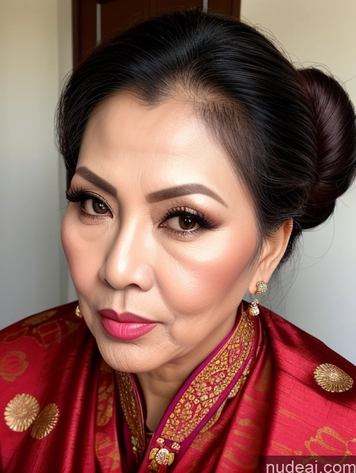 ai nude image of a close up of a woman with a red dress and a red scarf pics of Milf Beautiful Pouting Lips Sexy Face Traditional 50s Malaysian Hair Bun