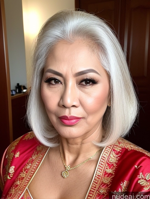 ai nude image of a close up of a woman with a red dress and a necklace pics of Milf Beautiful Pouting Lips Sexy Face Traditional 50s Malaysian White Hair Long Hair