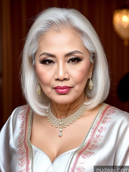 ai nude image of araffe woman with white hair and a necklace and earrings pics of Milf Beautiful Pouting Lips Sexy Face Traditional 50s Malaysian White Hair Long Hair