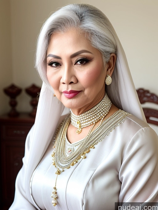 ai nude image of araffe woman in a white dress and a veil with pearls pics of Milf Beautiful Pouting Lips Sexy Face Traditional 50s Malaysian White Hair Long Hair