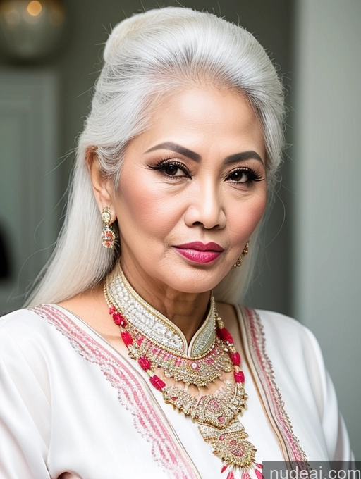 ai nude image of araffe woman with white hair and a necklace and earrings pics of Milf Beautiful Pouting Lips Sexy Face Traditional 50s Malaysian White Hair Long Hair