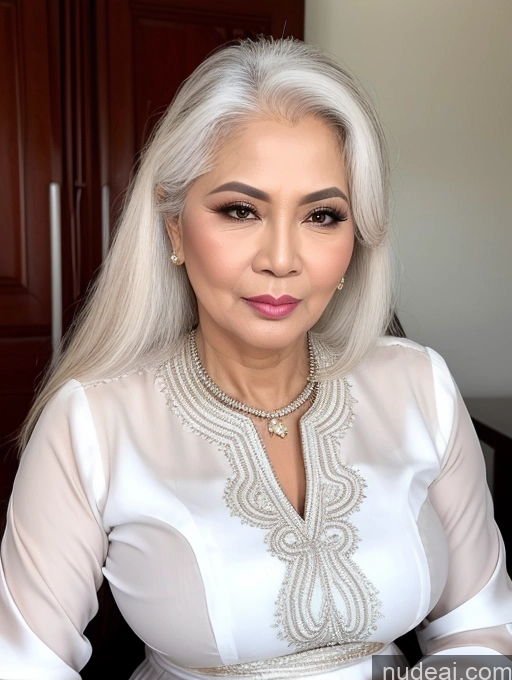 ai nude image of araffe woman with white hair and a white blouse posing for a picture pics of Milf Beautiful Pouting Lips Sexy Face Traditional 50s Malaysian White Hair Long Hair