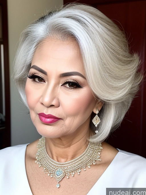 ai nude image of a close up of a woman with a necklace and earrings pics of Milf Beautiful Pouting Lips Sexy Face Traditional 50s White Hair Long Hair Thai