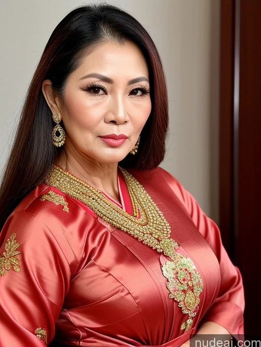 ai nude image of araffe woman in a red dress with a gold necklace and earrings pics of Milf Beautiful Pouting Lips Sexy Face Traditional 50s Long Hair Thai