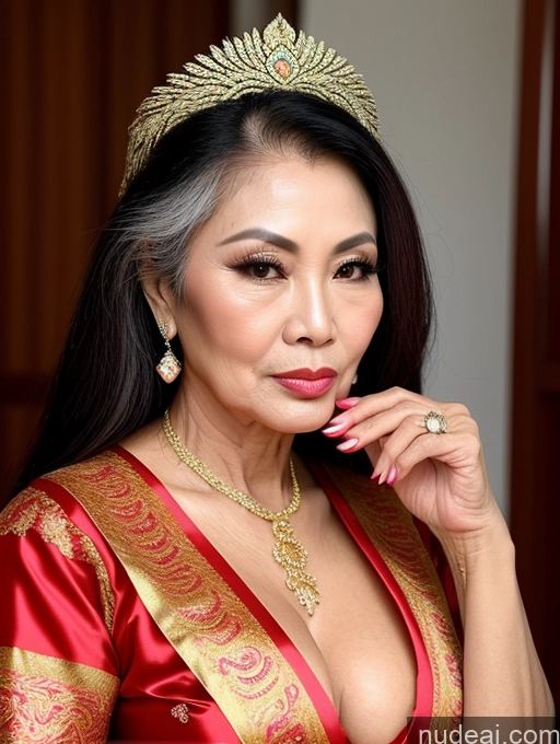 ai nude image of arafed woman in a red dress with a gold crown on her head pics of Milf Beautiful Pouting Lips Sexy Face Traditional Long Hair Thai 60s