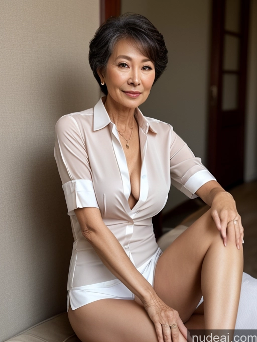 ai nude image of there is a woman sitting on a bed wearing a white shirt pics of Milf Perfect Boobs Perfect Body Pubic Hair 70s Pixie Chinese Spreading Legs Nude Blouse Casual Professor Shirt Stylish Suit Detailed