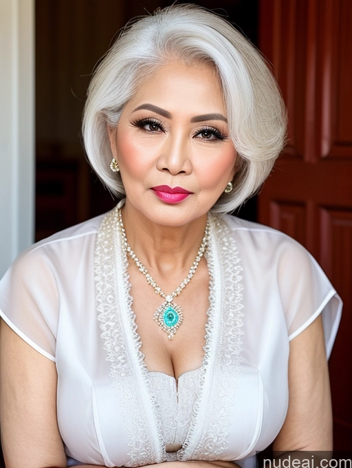 ai nude image of arafed woman with a white top and a necklace and a necklace pics of Milf Beautiful Pouting Lips Sexy Face Traditional Long Hair Thai 60s White Hair