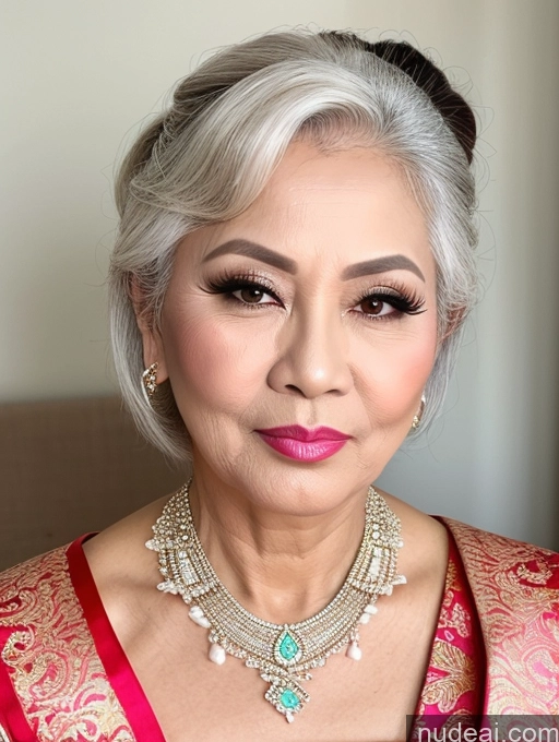 ai nude image of a close up of a woman with a necklace and earrings pics of Milf Beautiful Pouting Lips Sexy Face Traditional Thai 60s White Hair Hair Bun