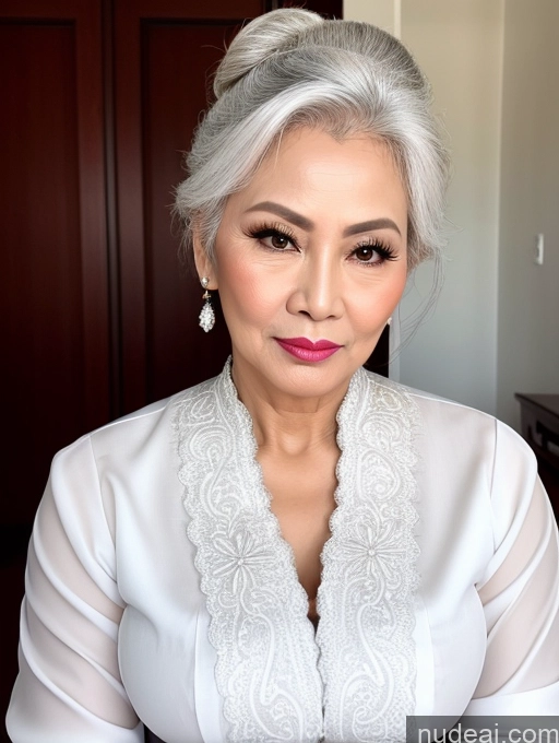 ai nude image of arafed woman with a white blouse and pink lipstick posing for a picture pics of Milf Beautiful Pouting Lips Sexy Face Traditional Thai 60s White Hair Hair Bun