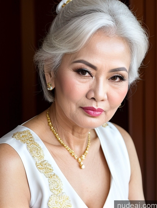 ai nude image of there is a woman with a necklace and a necklace on her neck pics of Milf Beautiful Pouting Lips Sexy Face Traditional Thai 60s White Hair Hair Bun