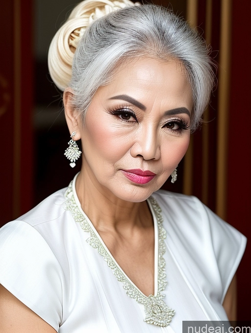 ai nude image of there is a woman with a white dress and a necklace pics of Milf Beautiful Pouting Lips Sexy Face Traditional Thai 60s White Hair Hair Bun