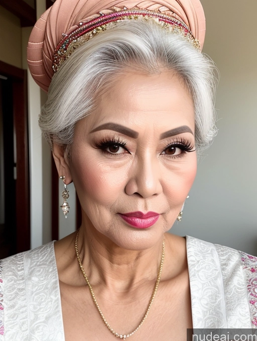 ai nude image of there is a woman with a pink turban and a necklace pics of Milf Beautiful Pouting Lips Sexy Face Traditional Thai 60s White Hair Hair Bun