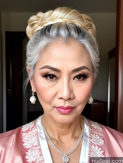 ai nude image of a close up of a woman with a pink robe and a necklace pics of Milf Beautiful Pouting Lips Sexy Face Traditional Thai White Hair Hair Bun 50s