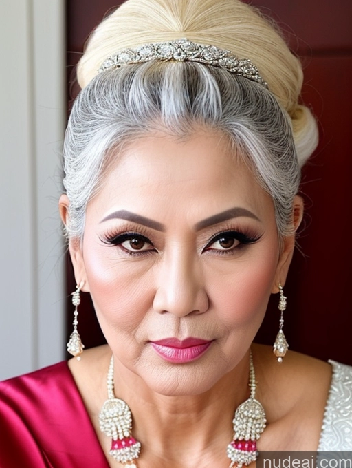 ai nude image of arafed woman with a tiara and a necklace and earrings pics of Milf Beautiful Pouting Lips Sexy Face Traditional Thai White Hair Hair Bun 50s