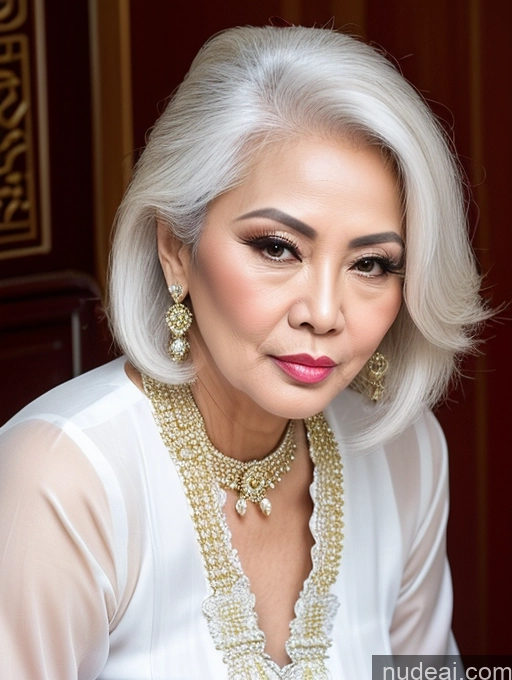 ai nude image of araffe woman with white hair and a necklace and earrings pics of Milf Beautiful Pouting Lips Sexy Face Traditional Thai White Hair 50s Long Hair