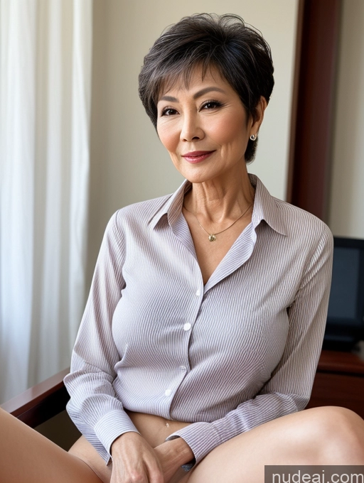 ai nude image of there is a woman sitting in a chair with a shirt on pics of Milf Perfect Boobs Perfect Body Pubic Hair 70s Pixie Chinese Spreading Legs Nude Blouse Casual Professor Shirt Stylish Suit Detailed