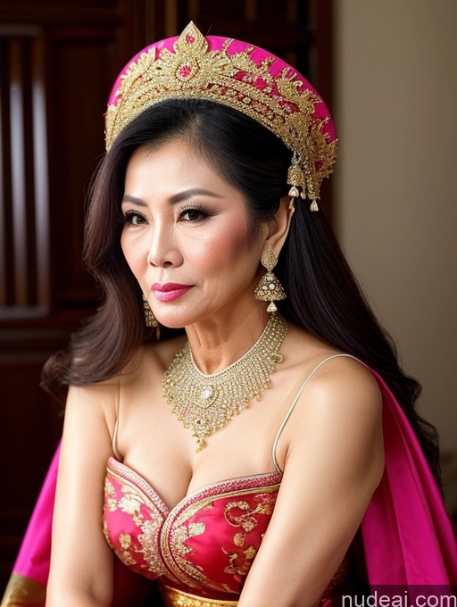 ai nude image of araffe woman in a pink dress and gold jewelry sitting down pics of Milf Beautiful Pouting Lips Sexy Face Traditional Thai 50s Long Hair