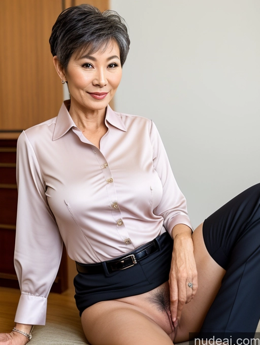 ai nude image of there is a woman sitting on a couch with a shirt on pics of Milf Perfect Boobs Perfect Body Pubic Hair 60s Pixie Chinese Spreading Legs Nude Blouse Casual Shirt Stylish Suit Detailed Professor Secretary