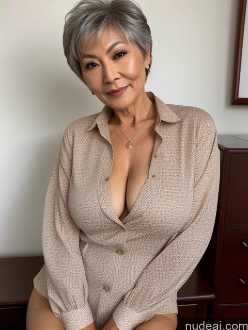 ai nude image of a close up of a woman sitting on a desk with a shirt on pics of Milf Perfect Boobs Perfect Body Pubic Hair 70s Pixie Chinese Spreading Legs Nude Blouse Casual Professor Shirt Stylish Suit Detailed