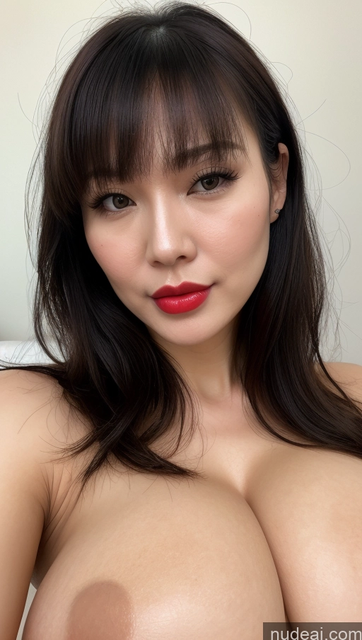 ai nude image of a close up of a woman with a big breast posing for a picture pics of Woman One Huge Boobs Beautiful Lipstick Fairer Skin 30s Black Hair Close-up View Simple Detailed Vietnamese Bangs