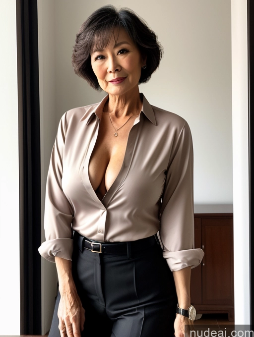 ai nude image of there is a woman standing in a room with a purse pics of Milf Perfect Boobs Perfect Body Pubic Hair 70s Pixie Chinese Spreading Legs Nude Blouse Casual Professor Shirt Stylish Suit Dark Lighting Detailed