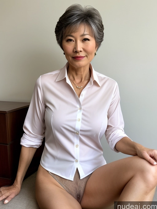 ai nude image of there is a woman sitting on a bed wearing a white shirt pics of Milf Perfect Boobs Perfect Body Pubic Hair 60s Pixie Chinese Spreading Legs Nude Blouse Casual Professor Shirt Stylish Suit Detailed