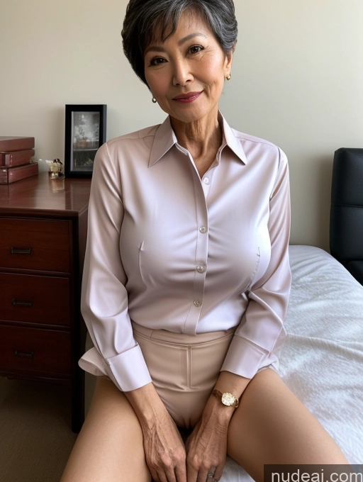 ai nude image of there is a woman sitting on a bed with a white shirt pics of Milf Perfect Boobs Perfect Body Pubic Hair 70s Pixie Chinese Spreading Legs Nude Blouse Casual Professor Shirt Stylish Suit Detailed