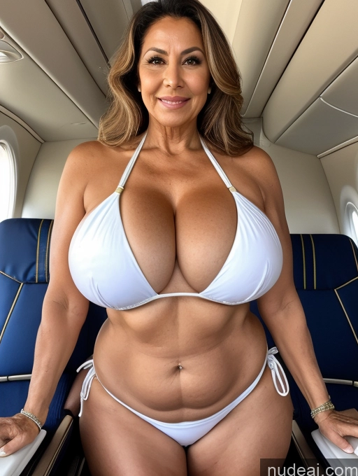 ai nude image of arafed woman in a white bikini sitting on a plane pics of Milf One Busty Huge Boobs Tanned Skin Front View Microkini Thong Flight Attendant 70s Brazilian