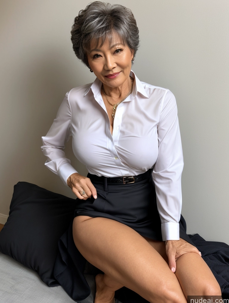 ai nude image of there is a woman sitting on a bed with a skirt on pics of Milf Perfect Boobs Perfect Body Pubic Hair 70s Pixie Chinese Spreading Legs Nude Blouse Casual Professor Shirt Stylish Suit Dark Lighting Detailed