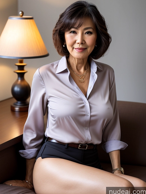 ai nude image of there is a woman sitting on a couch with a lamp on pics of Milf Perfect Boobs Perfect Body Pubic Hair 70s Pixie Chinese Spreading Legs Nude Blouse Casual Professor Shirt Stylish Suit Dark Lighting Detailed