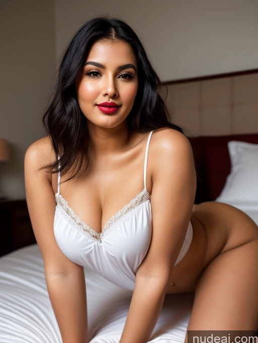 ai nude image of araffed woman in white lingerie sitting on a bed pics of Perfect Boobs Beautiful Lipstick Big Ass Chubby Long Legs Perfect Body 30s Happy Seductive Sexy Face Pouting Lips Black Hair Ponytail Indian Traditional Simple Alternative Dark Lighting One Nightgown Shirt Bedroom On Back Model