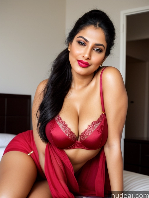 ai nude image of araffe woman in red lingerie sitting on a bed pics of Woman One Perfect Boobs Beautiful Lipstick Big Ass Chubby Long Legs Perfect Body 30s Seductive Happy Pouting Lips Black Hair Ponytail Indian Bedroom Spreading Legs Sari Front View Blouse