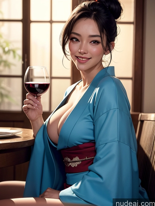 ai nude image of woman in blue kimono holding a glass of wine in front of a table pics of Black Hair Front View Perfect Body 40s Bright Lighting One Chubby Happy Japanese Skin Detail (beta) Restaurant On Back Kimono Cleavage Wine Perfect Boobs Hair Bun Cyborg