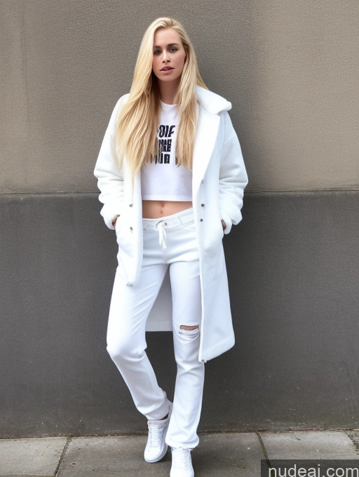 ai nude image of blonde woman in white coat and jeans leaning against a wall pics of Woman Fairer Skin Perfect Body Blonde Long Hair British Hip Hop