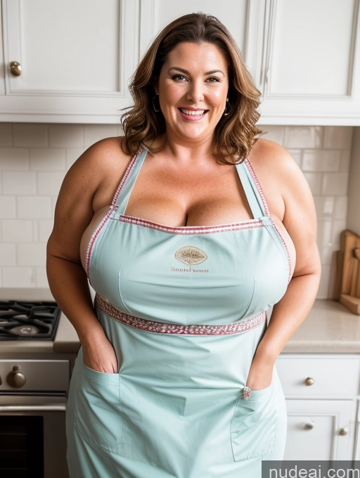 ai nude image of there is a woman in a blue apron standing in a kitchen pics of Milf Huge Boobs Beautiful Big Ass Laughing Brunette Slicked British Apron Bright Lighting Chubby 50s