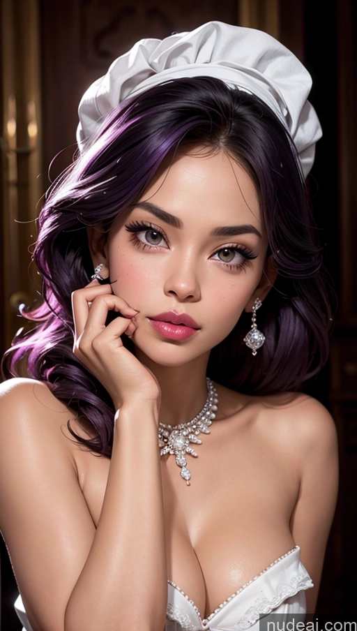 ai nude image of arafed woman with purple hair and a white hat posing for a picture pics of Two Tanned Skin Dark Skin Happy Seductive Pouting Lips Sexy Face Shocked Purple Hair Pearl Jewelry Diamond Jewelry Wine Nigerian Maid