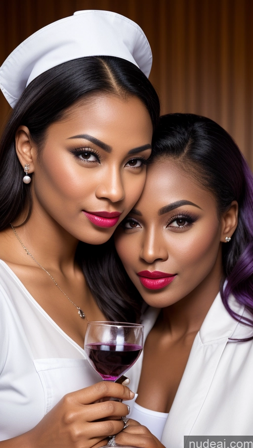 ai nude image of two women in white dresses holding wine glasses and posing for a picture pics of Two Tanned Skin Dark Skin Happy Seductive Pouting Lips Sexy Face Shocked Purple Hair Pearl Jewelry Diamond Jewelry Wine Nigerian Lipstick Nurse