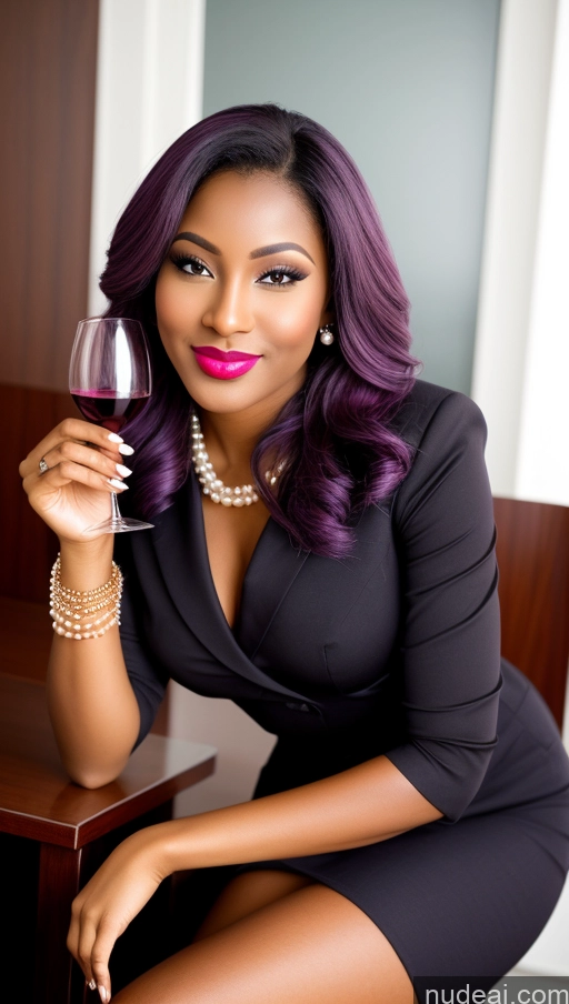 ai nude image of woman with purple hair and a black dress holding a glass of wine pics of Two Tanned Skin Dark Skin Happy Seductive Sexy Face Shocked Pouting Lips Purple Hair Nigerian Pearl Jewelry Wine Teacher High Heels Boots Diamond Jewelry Flight Attendant Lipstick