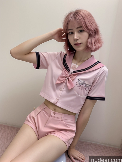 ai nude image of arafed woman in pink shirt and shorts sitting on floor pics of 18 Pink Hair Straight Woman One Spread Pussy Front View JK Uniform