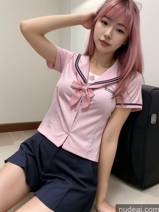 ai nude image of arafed asian woman sitting on the floor with a suitcase pics of 18 Pink Hair Straight Woman One Spread Pussy Front View JK Uniform Perfect Boobs Asian Bra